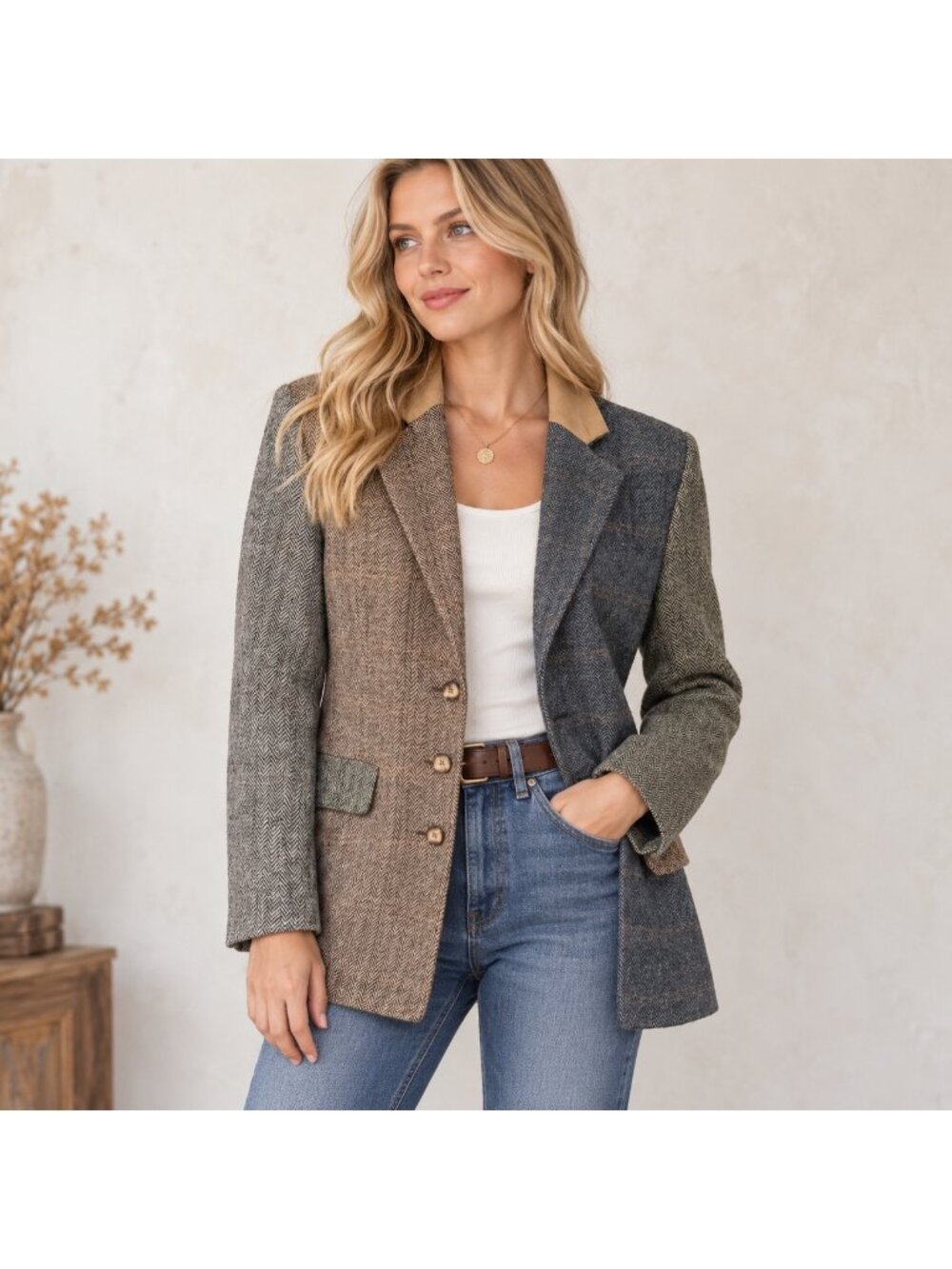 Vintage QPS Patchwork Herringbone Wool Blend Fall Blazer 10